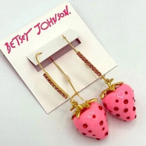 BETSEY JOHNSON Pink Enamel & Red Crystals Strawberry Dangle Drop Earrings NWT